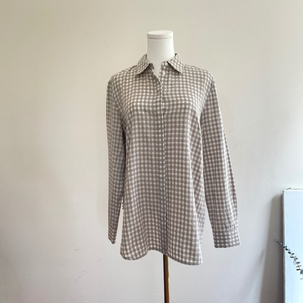 Lafayette 148 Gingham Linen Blend Shirt M Quiet Luxury Coastal Preppy Button Up